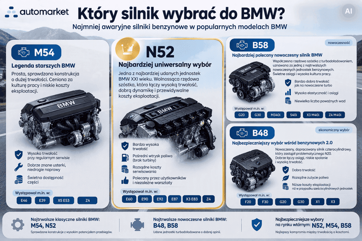 Infografika przedstawiająca najmniej awaryjne silniki benzynowe BMW: M54, N52, B58 i B48 wraz z modelami BMW, w których są najczęściej polecane