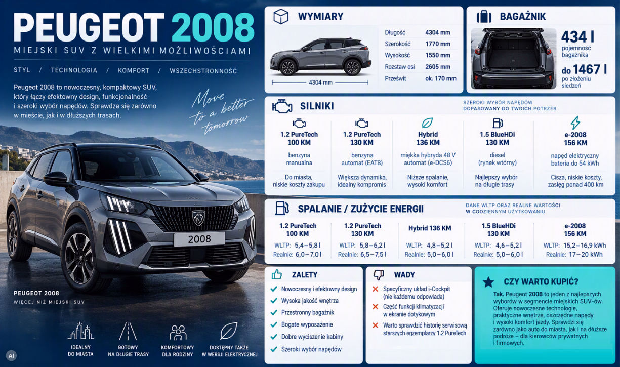 Infografika przedstawiająca najważniejsze parametry Peugeota 2008